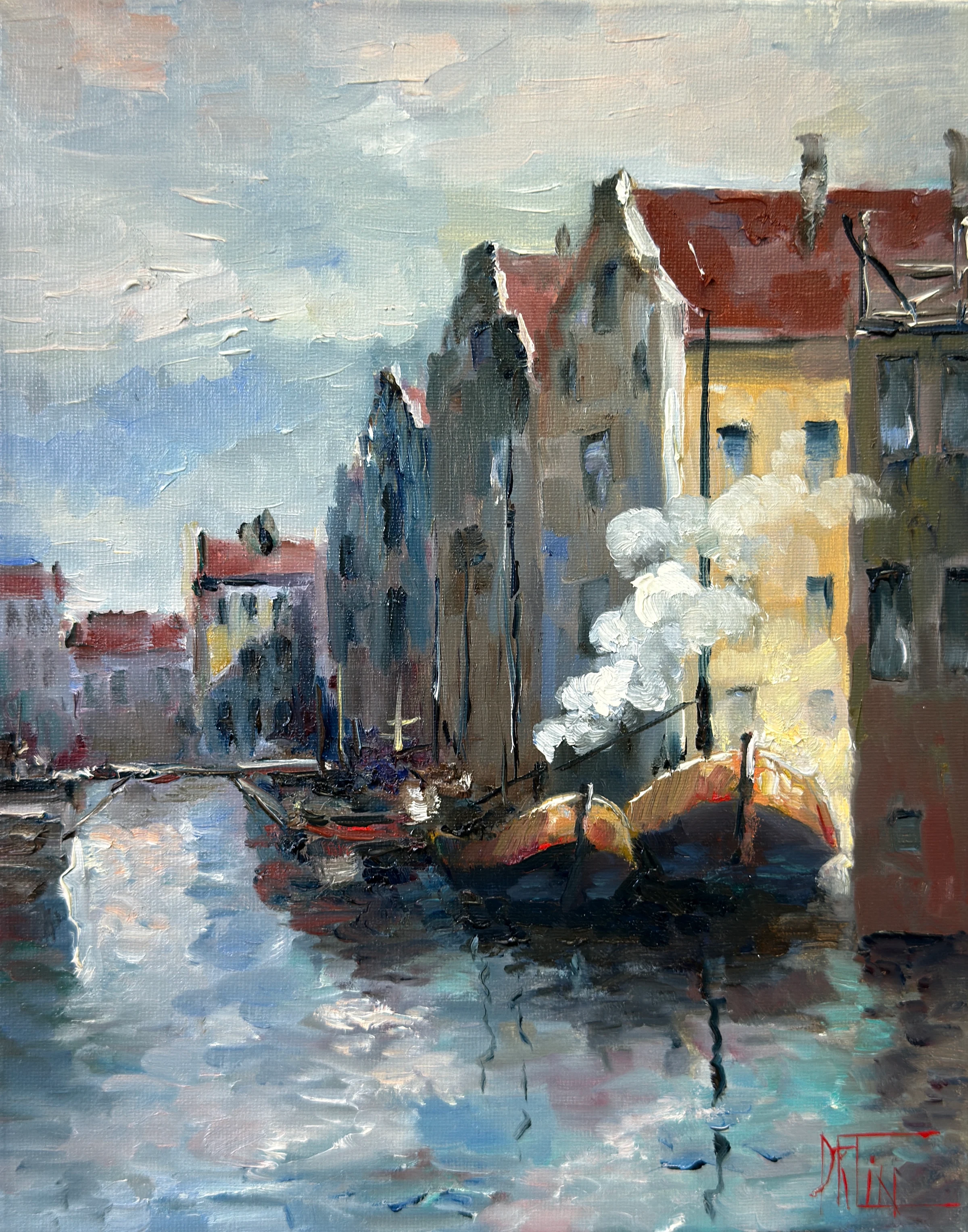 stadt am fluss – Ölgemälde von Pavel Filin